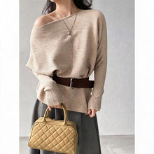 Load image into Gallery viewer, Women's Ribbed Knit Off Shoulder Belted Asymmetrical Hem Sweater
