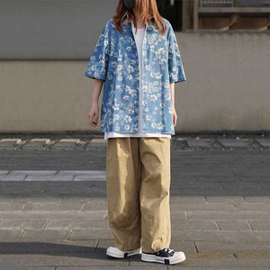 Vintage Floral Print Short Sleeve Denim Shirt