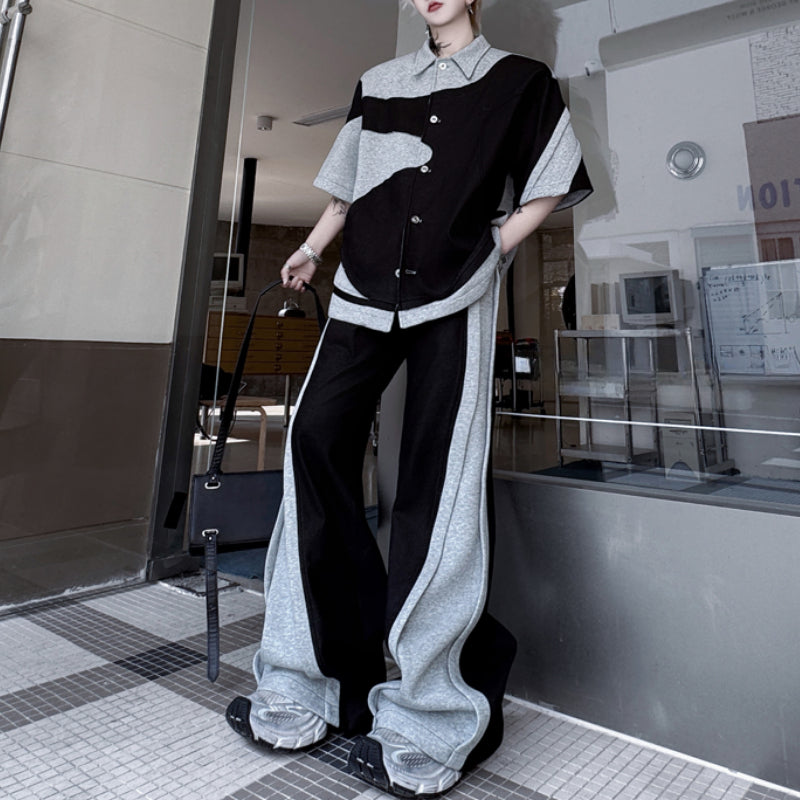 Patchwork Contrast Color Jacket Casual Loose Trousers Two-piece Set