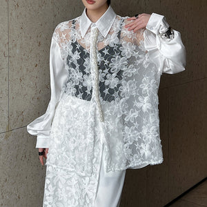Hollow 3D Floral Stitching Pearl Shirt