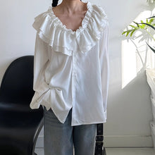 Load image into Gallery viewer, Padded Shoulder Ruffle Collar Loose Drape Shirt
