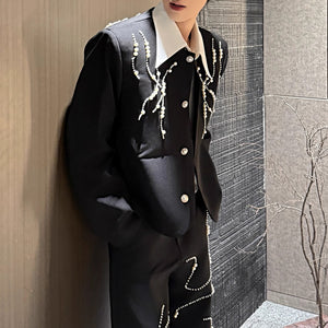 Beaded Loose-fitting Padded Shoulder Jacket Wide-leg Pants Two-piece Suit