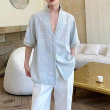 Load image into Gallery viewer, Stand Collar Embroidered Rhinestone V-neck Shirt
