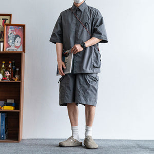 Japanese Functional Large Pocket Shirt Casual Loose Overalls Two-piece Set