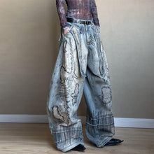 Load image into Gallery viewer, Stitch Embroidery Dyed Denim Loose Wide Leg Scimitar Pants
