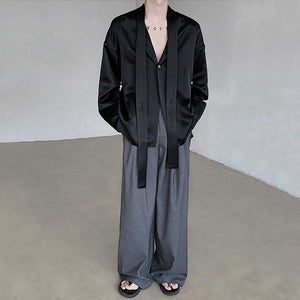 Acetate Textured Tie V-neck Drape Shirt
