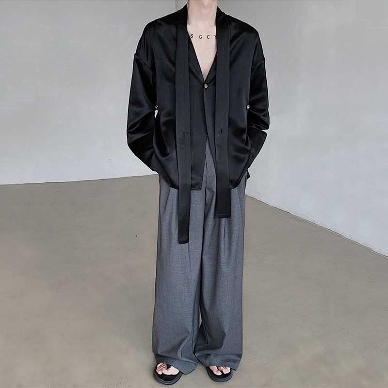 Acetate Textured Tie V-neck Drape Shirt
