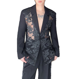 Jacquard Sheer Blazer and Straight Trousers Two-piece Suit