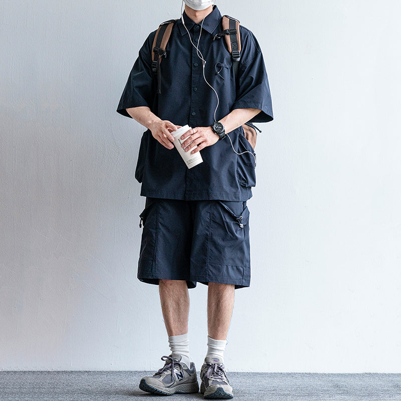 Japanese Functional Large Pocket Shirt Casual Loose Overalls Two-piece Set