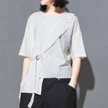 Load image into Gallery viewer, Fake Two-piece Straight Lace-up Striped Patchwork T-shirt

