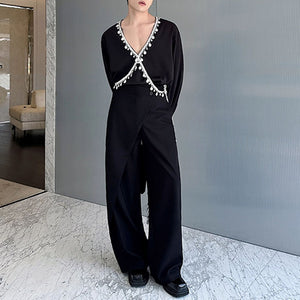 Tassel Belt Straight Irregular Patchwork Trousers