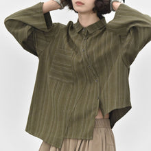 Load image into Gallery viewer, Women’s Striped Slanted Placket Irregular Hem Shirt
