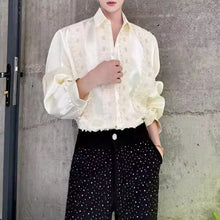 Load image into Gallery viewer, French Pearl Wood Ruffle Drape Shirt
