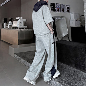 American Casual Contrast Color Stitching Hooded Sweatshirt Wide Leg Trousers Two-piece Set