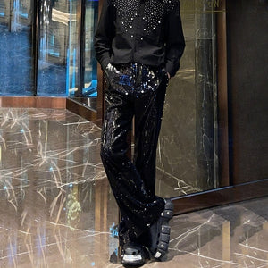 Heavy Sequined PU Metal Rivet Flared Pants