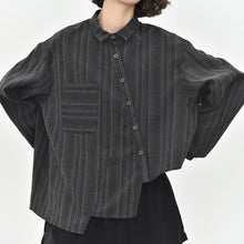 Load image into Gallery viewer, Women’s Striped Slanted Placket Irregular Hem Shirt
