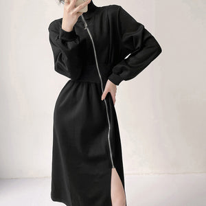 Diagonal Zipper Personalized Slit Waist Dress