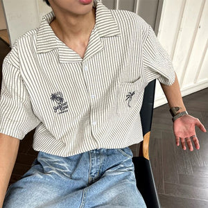 Vintage Embroidered Striped Short Sleeve Shirt