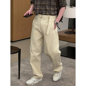 Belt-style Loose Straight-leg Denim Pants