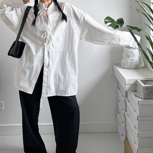 Deconstructed Drawstring Vertical Striped Loose Casual Shirt