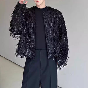 Fringed Loose Sequined Cropped Jacket