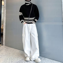 Load image into Gallery viewer, Contrast Striped Diagonal Zip-up Turtleneck Sweater
