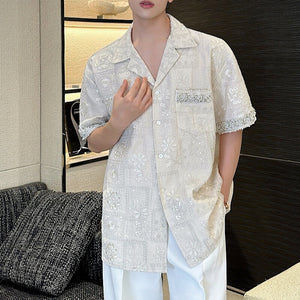 Jacquard Embroidered Cuban Collar Rhinestone Shirt