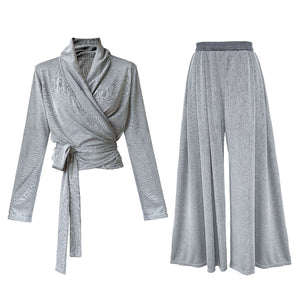 Irregular One-shoulder Waisted Pleated Top Wide-leg Pants Two-piece Set