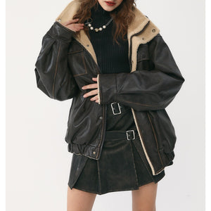 Stand Collar Lamb Wool PU Leather Jacket