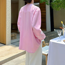Load image into Gallery viewer, Heavy Embroidery V-neck Draped Ice Silk Shirt
