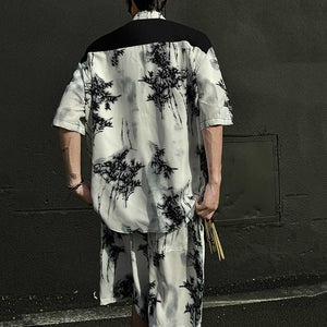 Summer Loose Ice Silk Shirt Ink Tie-dyed Short-sleeved Shorts Two-piece Suit