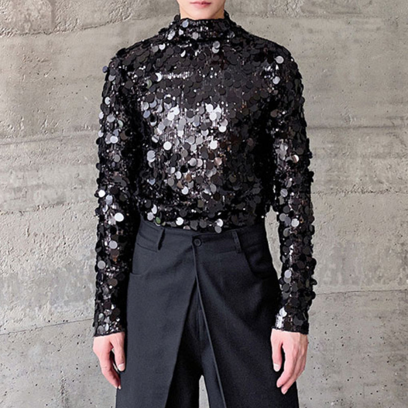 Sequin Party Stage Stand Collar Tight T-Shirt