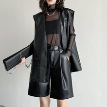Load image into Gallery viewer, PU Leather Pants Elastic Waist Loose Straight Wide Leg Shorts
