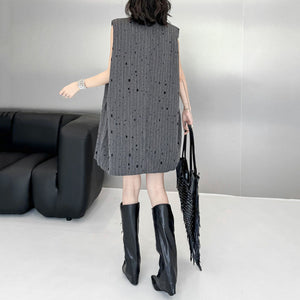 Ripped Loose Striped Suit Collar Vest Dress