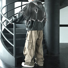Load image into Gallery viewer, Patchwork Leather Distressed Frayed Edge Denim Hooded Jacket
