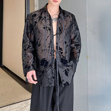 Load image into Gallery viewer, Ribbon Tie Jacquard See-through Shirt
