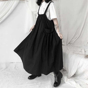 Pleated Side Pocket Black Suspender Dress