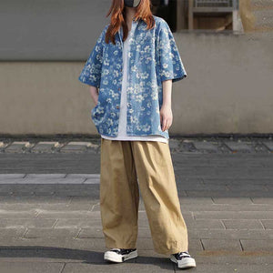 Vintage Floral Print Short Sleeve Denim Shirt