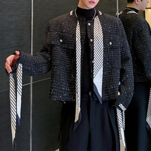 Check Scarf Tweed Raw Edge Short Jacket