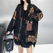 Load image into Gallery viewer, Women's Leopard Print V Neck Loose Raw Hem Cardigan Sweater
