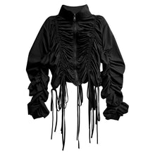 Load image into Gallery viewer, Women's Drawstring Ruched Stand Collar Top Irregular Fringe Skirt Two-piece Set
