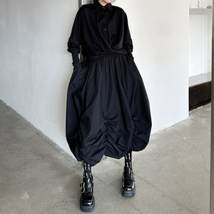 Dark Pleated Loose High Waist Puffy Skirt