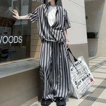 Load image into Gallery viewer, Striped Faux Two-Piece Shirt Wide-Leg Pants Two-piece Set
