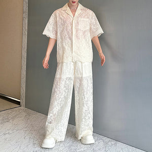 Lace Translucent Short-sleeved Shirt and Pants Suit