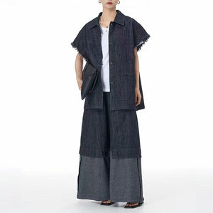 Square Neck Raw Edge Denim Vest Patchwork Jeans Two-Piece Set