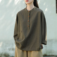 Load image into Gallery viewer, Linen Stand Collar Colorblock Buttoned Pullover Shirt
