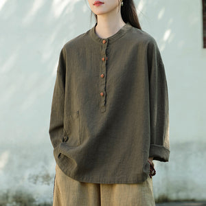 Linen Stand Collar Colorblock Buttoned Pullover Shirt