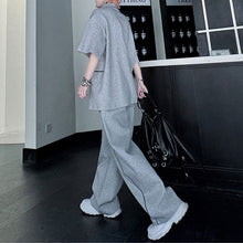 Load image into Gallery viewer, American Style Stand-up Collar Contrast Color T-shirt Zipper Wide-leg Trousers Two-piece Suit
