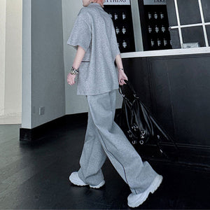 American Style Stand-up Collar Contrast Color T-shirt Zipper Wide-leg Trousers Two-piece Suit