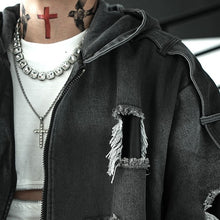 Load image into Gallery viewer, Patchwork Leather Distressed Frayed Edge Denim Hooded Jacket
